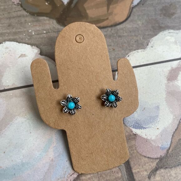 Flower Turquoise Stone Studs Post Earrings - Picture 3 of 5